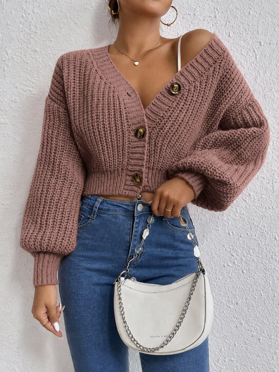 EURMUSE Casual French Solid Color Cropped Cardigan, Fall/ Brunch Dusty Pink