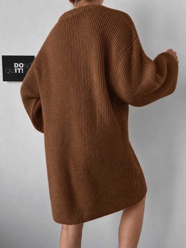 EURMUSE Solid Color Round Neck Drop Shoulder Ribbed Knit Sweater Dress - Mustard Yellow - View 2