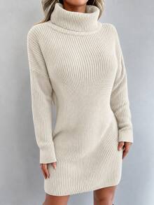 EURMUSE Ladies Casual Simple Turtle Neck Long Sleeve Sweater Dress - Beige - View 7