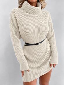 EURMUSE Ladies Casual Simple Turtle Neck Long Sleeve Sweater Dress - Beige - View 8