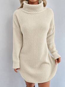 EURMUSE Ladies Casual Simple Turtle Neck Long Sleeve Sweater Dress - Beige - View 5