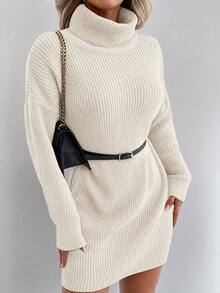 EURMUSE Ladies Casual Simple Turtle Neck Long Sleeve Sweater Dress - Beige - View 4