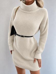 EURMUSE Ladies Casual Simple Turtle Neck Long Sleeve Sweater Dress - Beige - View 6