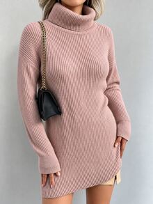 EURMUSE Turtleneck Drop Shoulder Sweater Dress Without Belt - Pink - View 6