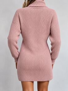 EURMUSE Turtleneck Drop Shoulder Sweater Dress Without Belt - Pink - View 3