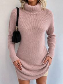 EURMUSE Turtleneck Drop Shoulder Sweater Dress Without Belt - Pink - View 4