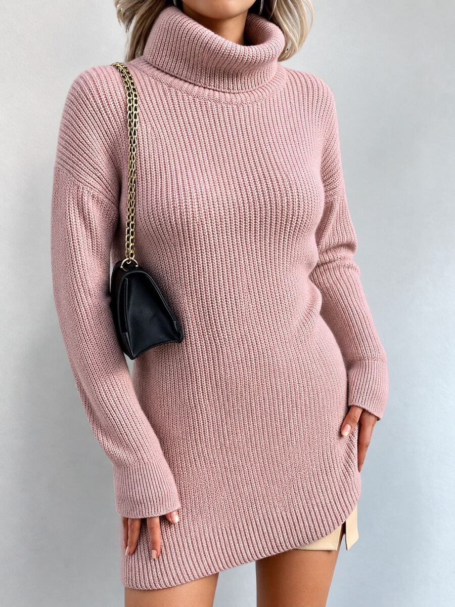EURMUSE Turtleneck Drop Shoulder Sweater Dress Without Belt