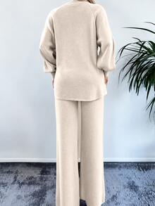 EURMUSE Mock Neck Raglan Sleeve Sweater & Knit Pants Without Belt - Beige - View 2