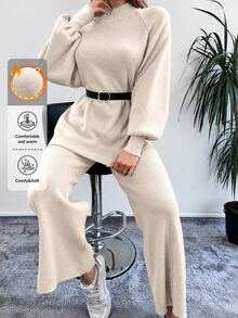 EURMUSE Mock Neck Raglan Sleeve Sweater & Knit Pants Without Belt - Beige - View 1