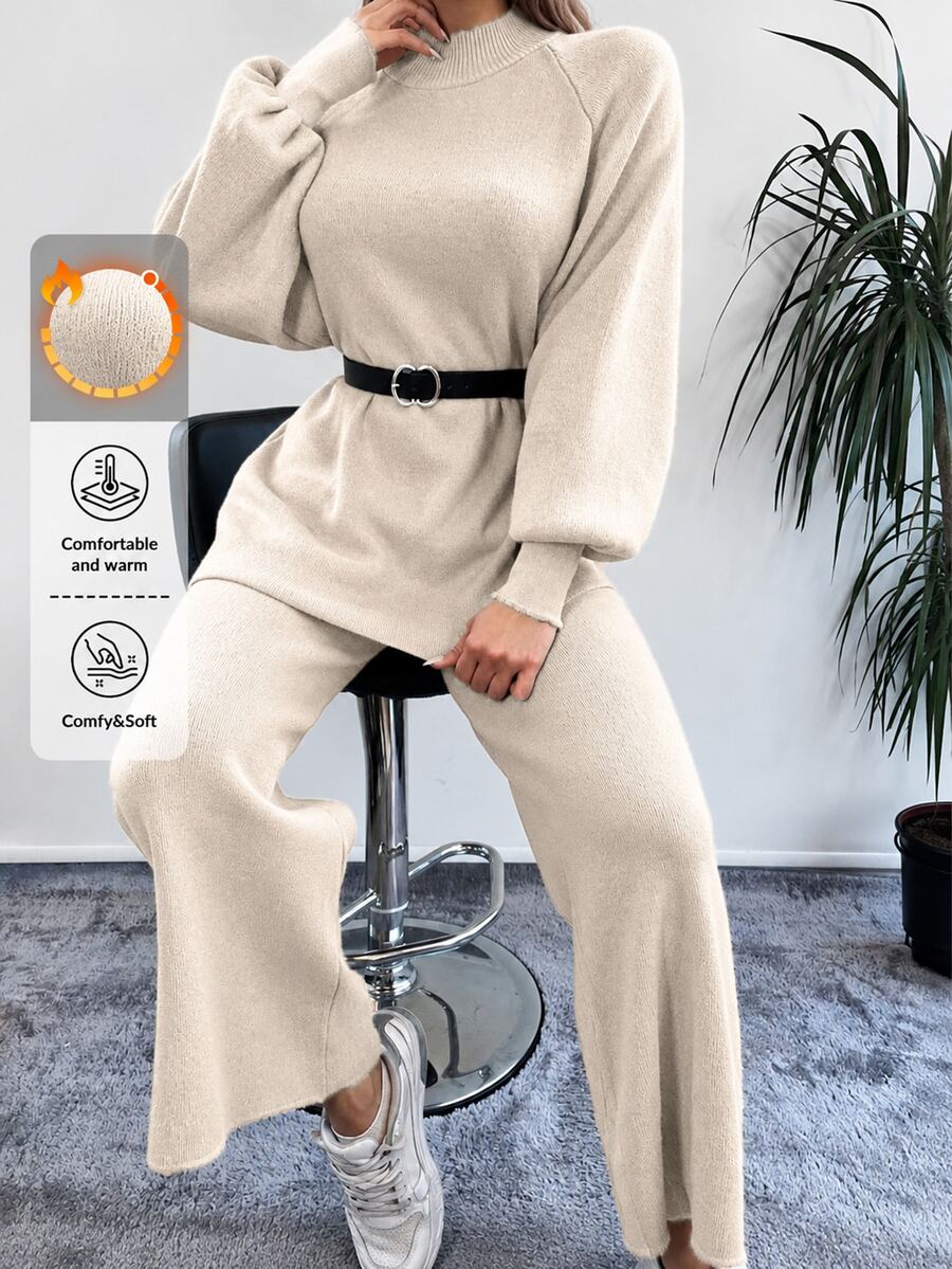 EURMUSE Mock Neck Raglan Sleeve Sweater & Knit Pants Without Belt - Beige - View 1