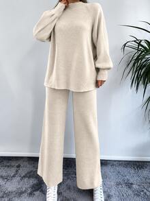 EURMUSE Mock Neck Raglan Sleeve Sweater & Knit Pants Without Belt - Beige - View 5