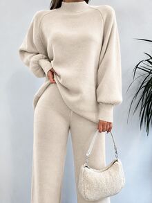 EURMUSE Mock Neck Raglan Sleeve Sweater & Knit Pants Without Belt - Beige - View 3