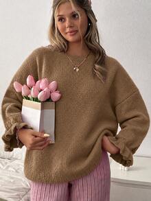 EURMUSE Oversized Casual Soft-Touch Knit Sweater With Ruffled Cuff Sleeves And Crew Neck In Vibrant Camel Brunch Autumn - Mocha Brown - View 5