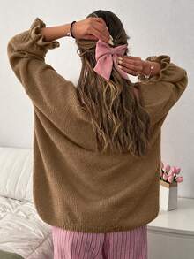 EURMUSE Oversized Casual Soft-Touch Knit Sweater With Ruffled Cuff Sleeves And Crew Neck In Vibrant Camel Brunch Autumn - Mocha Brown - View 2