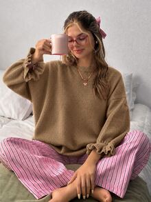 EURMUSE Oversized Casual Soft-Touch Knit Sweater With Ruffled Cuff Sleeves And Crew Neck In Vibrant Camel Brunch Autumn - Mocha Brown - View 1