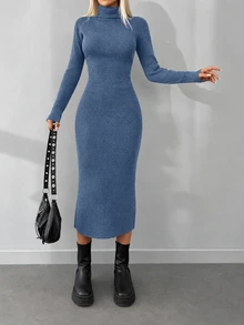EURMUSE Turtleneck Ribbed Knit Sweater Dress - Blue - View 4