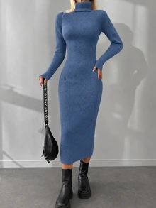 EURMUSE Turtleneck Ribbed Knit Sweater Dress - Blue - View 5