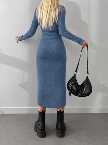 EURMUSE Turtleneck Ribbed Knit Sweater Dress - Blue - View 2