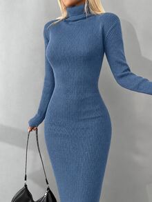EURMUSE Turtleneck Ribbed Knit Sweater Dress - Blue - View 3