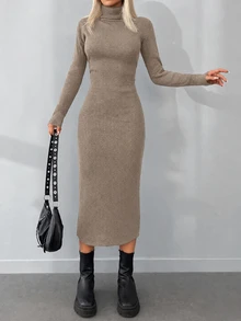 EURMUSE Turtleneck Ribbed Knit Sweater Dress - Camel - View 5