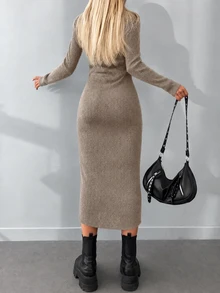 EURMUSE Turtleneck Ribbed Knit Sweater Dress - Camel - View 2