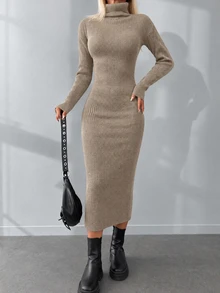 EURMUSE Turtleneck Ribbed Knit Sweater Dress - Camel - View 3