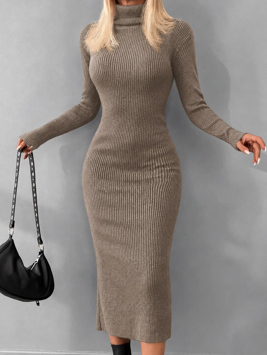 EURMUSE Turtleneck Ribbed Knit Sweater Dress - Camel - View 1