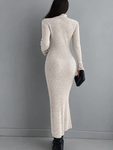 EURMUSE Solid Turtleneck Bodycon Sweater Dress Without Belt - Apricot - View 3