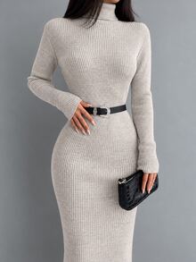 EURMUSE Solid Turtleneck Bodycon Sweater Dress Without Belt - Apricot - View 5