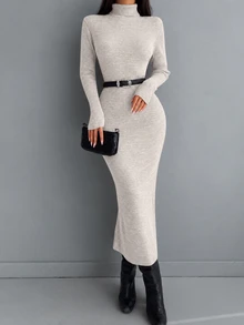 EURMUSE Solid Turtleneck Bodycon Sweater Dress Without Belt - Apricot - View 2
