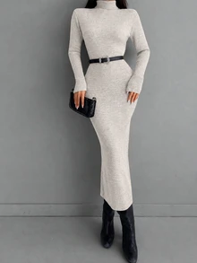 EURMUSE Solid Turtleneck Bodycon Sweater Dress Without Belt - Apricot - View 4