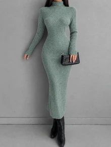 EURMUSE Solid Turtleneck Bodycon Sweater Dress Without Belt - Green - View 5