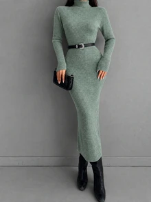EURMUSE Solid Turtleneck Bodycon Sweater Dress Without Belt - Green - View 6