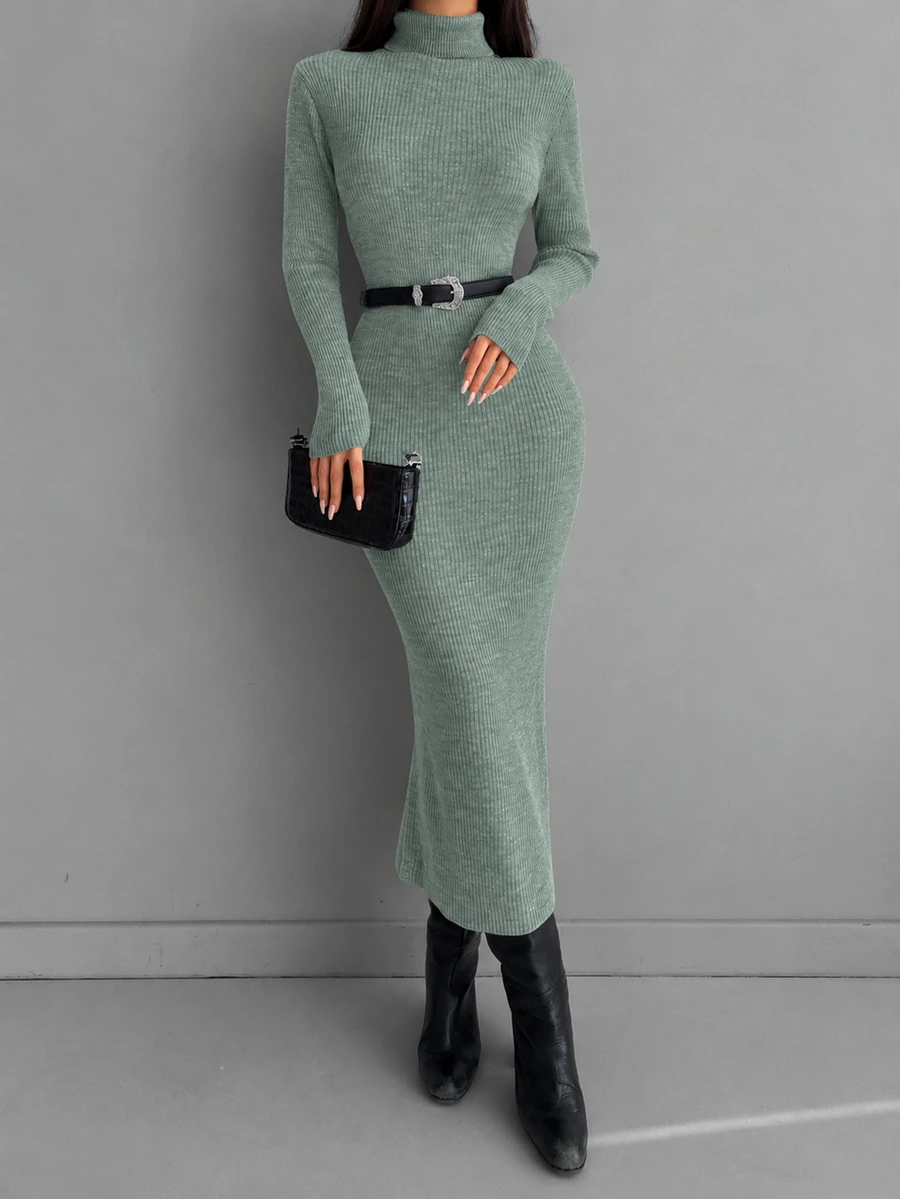EURMUSE Solid Turtleneck Bodycon Sweater Dress Without Belt
