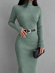EURMUSE Solid Turtleneck Bodycon Sweater Dress Without Belt - Green - View 4