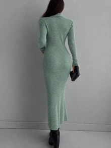 EURMUSE Solid Turtleneck Bodycon Sweater Dress Without Belt - Green - View 3