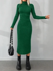 EURMUSE Turtleneck Ribbed Knit Sweater Dress Without Belt - Green - View 5