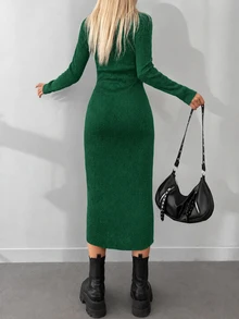 EURMUSE Turtleneck Ribbed Knit Sweater Dress Without Belt - Green - View 3