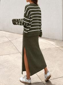 SHEIN Tall Women's Striped Drop Shoulder Sweater And Knit Slit Skirt Set, Tall Women - Army Green - View 3
