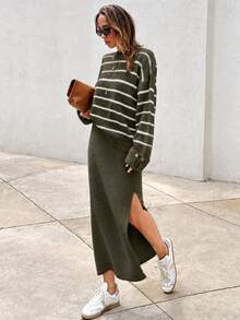 SHEIN Tall Women's Striped Drop Shoulder Sweater And Knit Slit Skirt Set, Tall Women - Army Green - View 5
