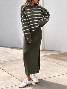 SHEIN Tall Women's Striped Drop Shoulder Sweater And Knit Slit Skirt Set, Tall Women - Army Green - View 6