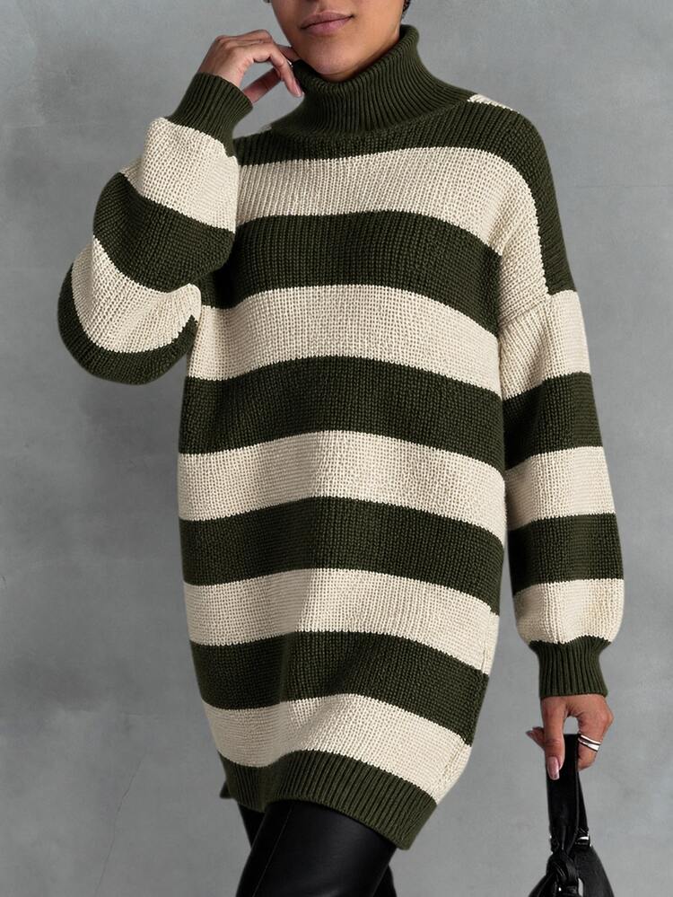 EURMUSE Women Drop Shoulder Sweater Dress With Army Green Pattern Brunch Everyday Travel Fall Casual - Army Green - View 3
