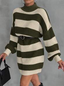 EURMUSE Women Drop Shoulder Sweater Dress With Army Green Pattern Brunch Everyday Travel Fall Casual - Army Green - View 7