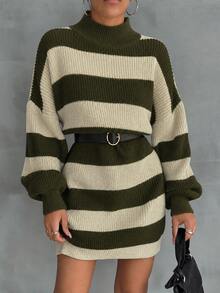 EURMUSE Women Drop Shoulder Sweater Dress With Army Green Pattern Brunch Everyday Travel Fall Casual - Army Green - View 2