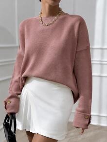 EURMUSE Woman Double Sleeve Button Detailed Oversize Thick Winter Sweater Warm Touch - Dusty Pink - View 7