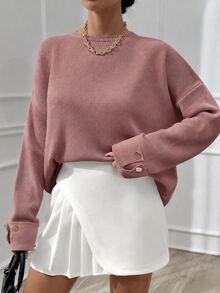 EURMUSE Woman Double Sleeve Button Detailed Oversize Thick Winter Sweater Warm Touch - Dusty Pink - View 6