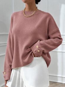 EURMUSE Woman Double Sleeve Button Detailed Oversize Thick Winter Sweater Warm Touch - Dusty Pink - View 8