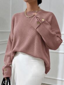 EURMUSE Woman Double Sleeve Button Detailed Oversize Thick Winter Sweater Warm Touch - Dusty Pink - View 4
