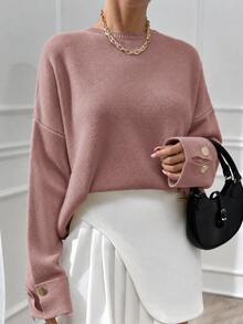 EURMUSE Woman Double Sleeve Button Detailed Oversize Thick Winter Sweater Warm Touch - Dusty Pink - View 5