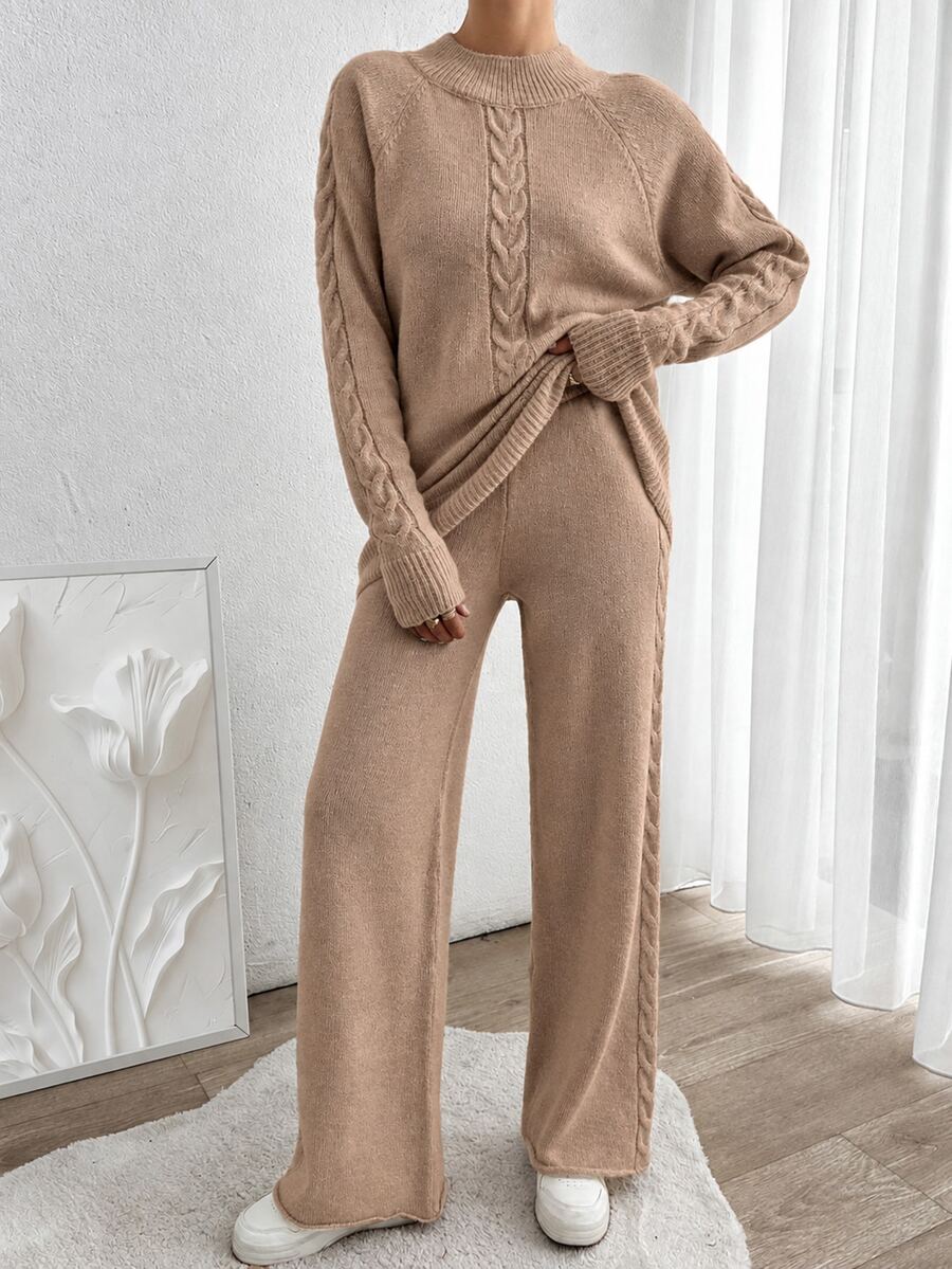 EURMUSE Women's Autumn Cable Pattern Raglan Sleeve Sweater And Knit Pants Casual 2 Pieces Set